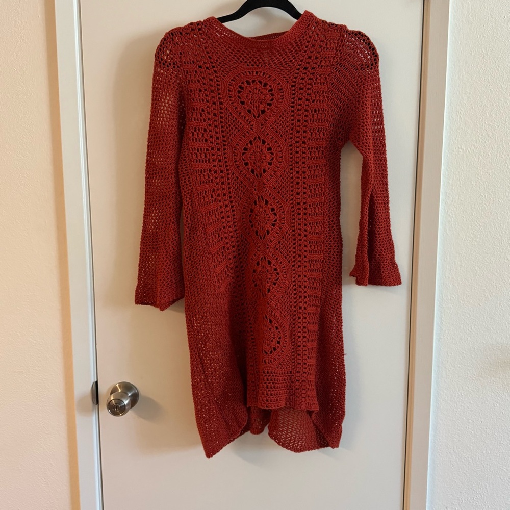 Free People Elegant Crochet Knit Dress in Rust XS